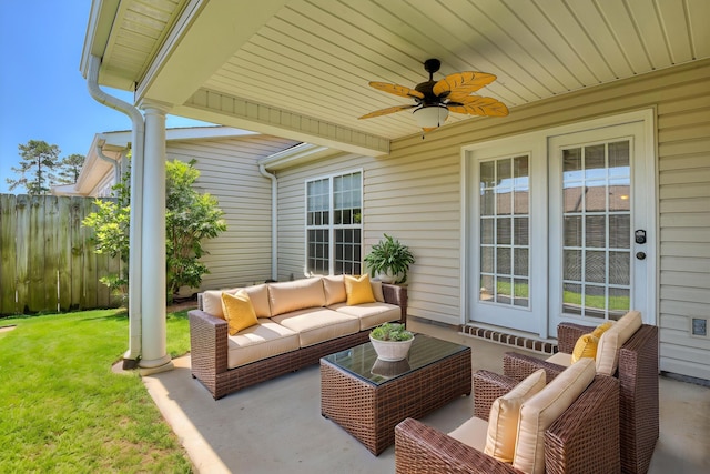 view of patio with outdoor lounge area, ceiling fan, and french doors