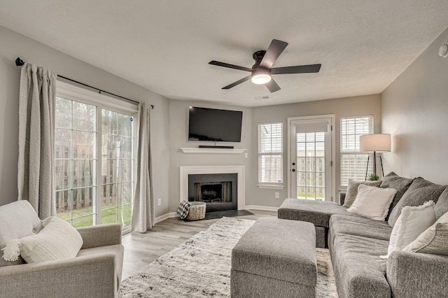 living area featuring ceiling fan, a fireplace with flush hearth, visible vents, baseboards, and light wood-style floors