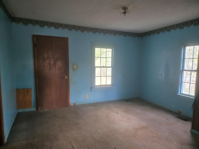 carpeted spare room with a textured ceiling