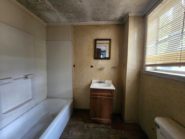 bathroom with vanity, toilet, and a bath