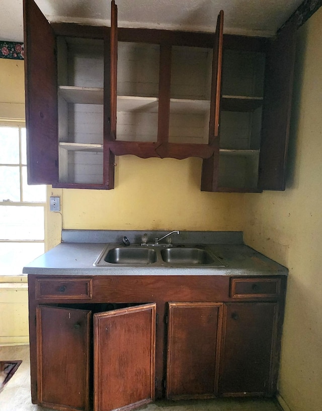 kitchen featuring open shelves and a sink