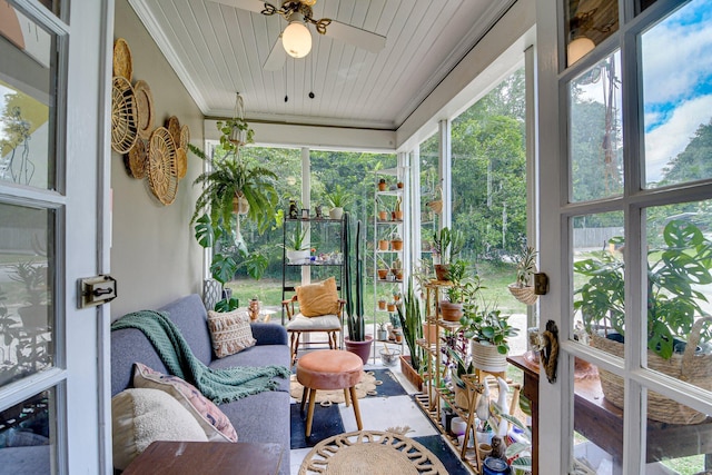 1703 Holly Hill Rd, Augusta, GA 30904 - sunroom with ornamental molding, a ceiling fan, and wooden ceiling