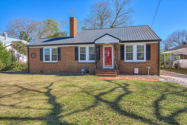 view of front of home featuring crawl space, brick siding, and a chimney