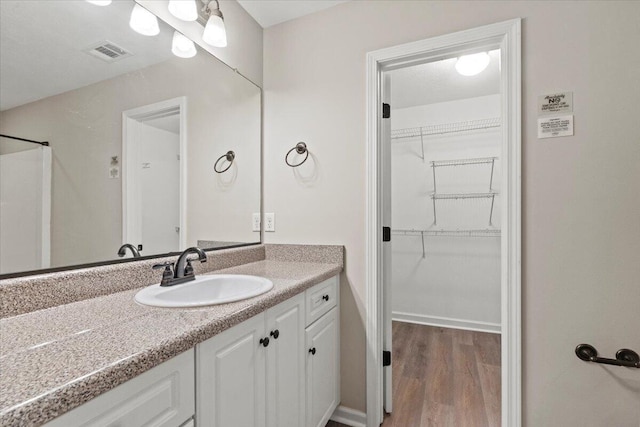 3382 Grove Landing Cir, Grovetown, GA 30813 - bathroom with vanity, a walk in closet, wood finished floors, and a shower