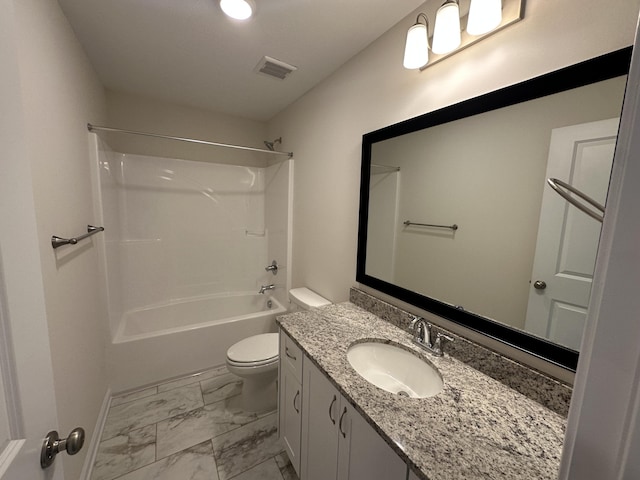 full bath with visible vents, shower / washtub combination, toilet, marble finish floor, and vanity