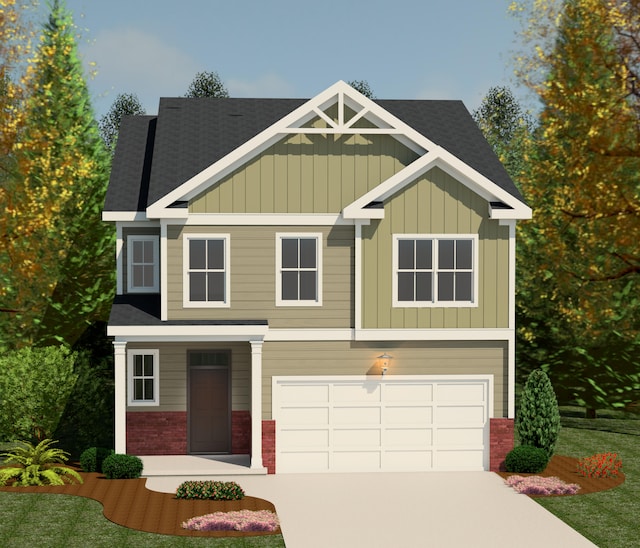 craftsman house featuring board and batten siding, concrete driveway, an attached garage, roof with shingles, and brick siding