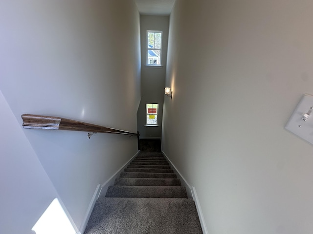 staircase featuring baseboards and carpet flooring