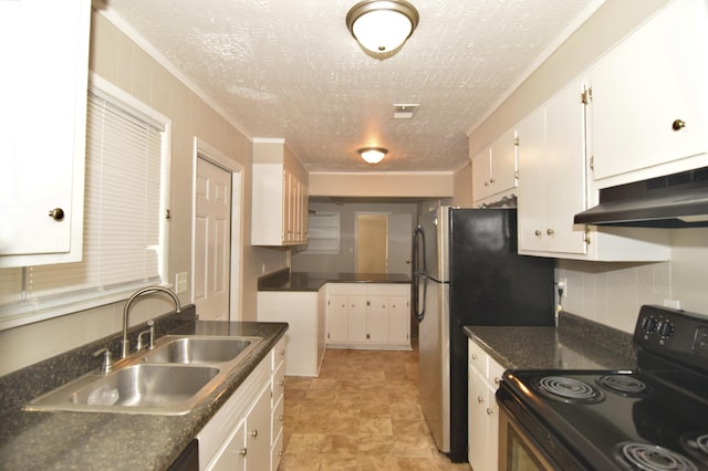 kitchen with crown molding, black range with electric cooktop, white cabinets, and under cabinet range hood