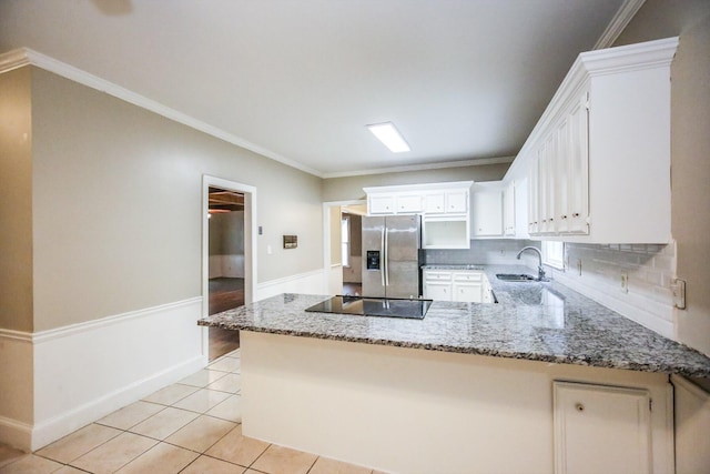 4552 Bettys Branch Way, Evans, GA 30809 - kitchen featuring a ceiling fan, a sink, stainless steel fridge with ice dispenser, white cabinets, and a wainscoted wall