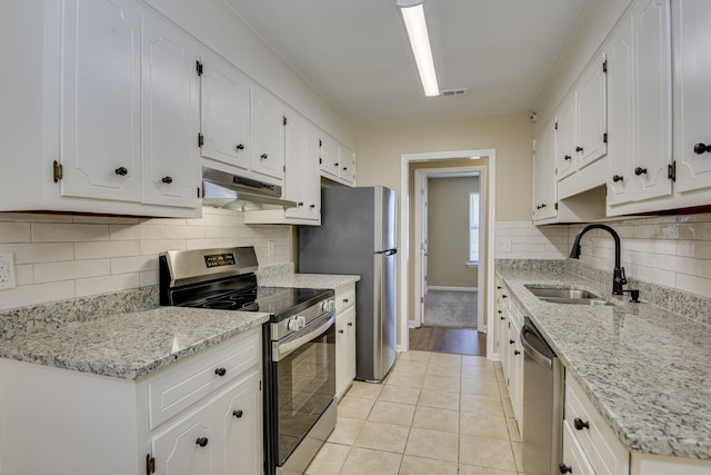 3831 Highpointe Dr, Hephzibah, GA 30815 - kitchen featuring appliances with stainless steel finishes, under cabinet range hood, white cabinets, and light tile patterned floors
