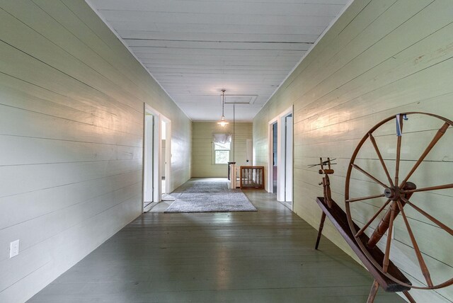 hall with hardwood / wood-style floors and wooden walls