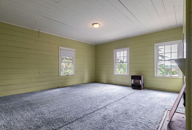 carpeted empty room with wooden walls