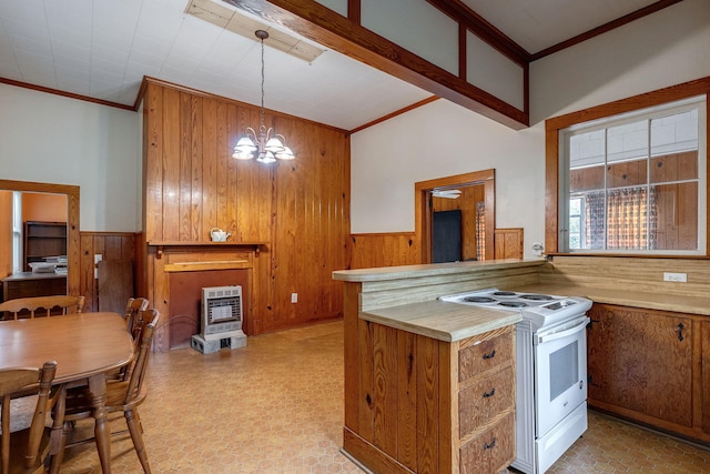 kitchen with crown molding, an inviting chandelier, white electric stove, hanging light fixtures, and wood walls