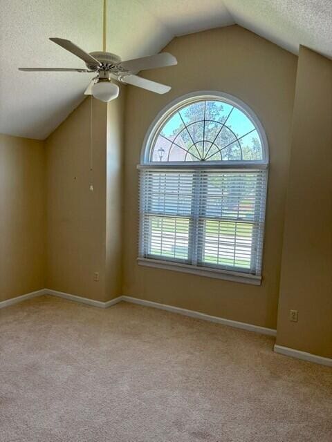 2949 Hillcreek Dr, Augusta, GA 30909 - spare room featuring vaulted ceiling, healthy amount of natural light, light colored carpet, a textured ceiling, and ceiling fan