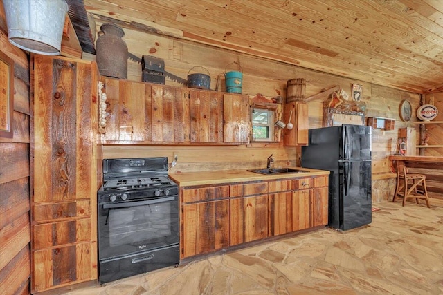 kitchen featuring wood ceiling, wood walls, sink, and black appliances