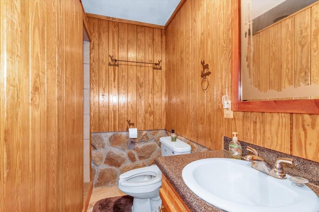 bathroom featuring vanity, toilet, and wood walls