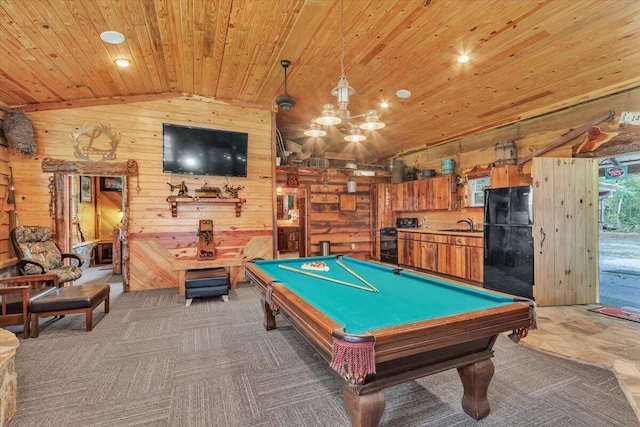 rec room with lofted ceiling, sink, wooden walls, pool table, and wood ceiling