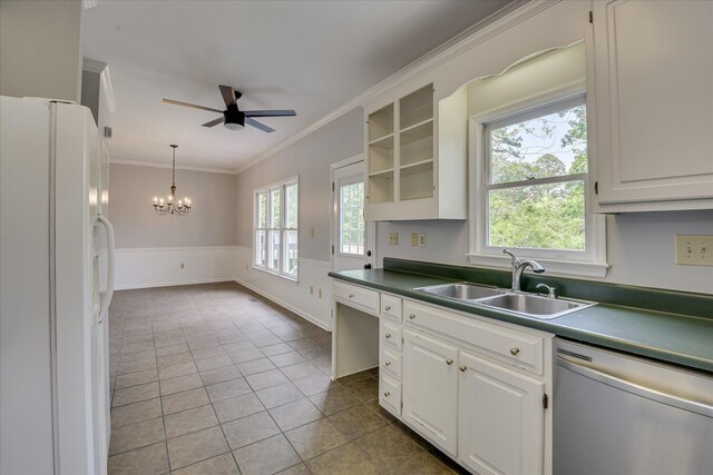 227 Water Oak Dr, Augusta, GA 30904 - kitchen featuring white refrigerator with ice dispenser, ceiling fan, white cabinets, ornamental molding, and light tile patterned floors