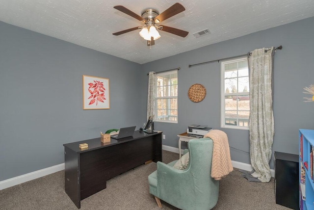 carpeted office with ceiling fan, plenty of natural light, and a textured ceiling