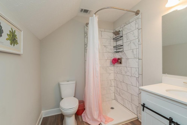 bathroom featuring vanity, vaulted ceiling, curtained shower, and toilet