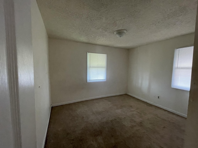 spare room featuring carpet, a healthy amount of sunlight, a textured ceiling, and baseboards