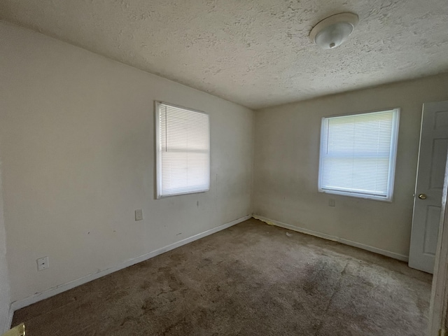 carpeted empty room with plenty of natural light, a textured ceiling, and baseboards