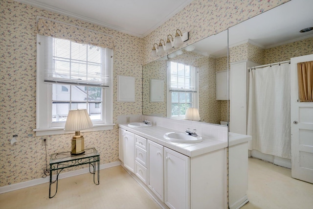 1203 Highland Ave, Augusta, GA 30904 - bathroom with crown molding, wallpapered walls, double vanity, and a shower with curtain