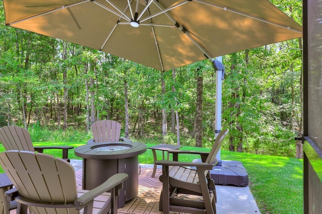 view of patio / terrace featuring a fire pit