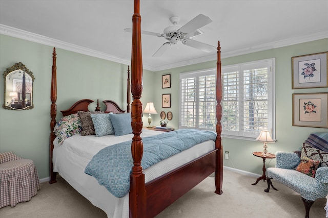 bedroom featuring carpet flooring, baseboards, and ornamental molding