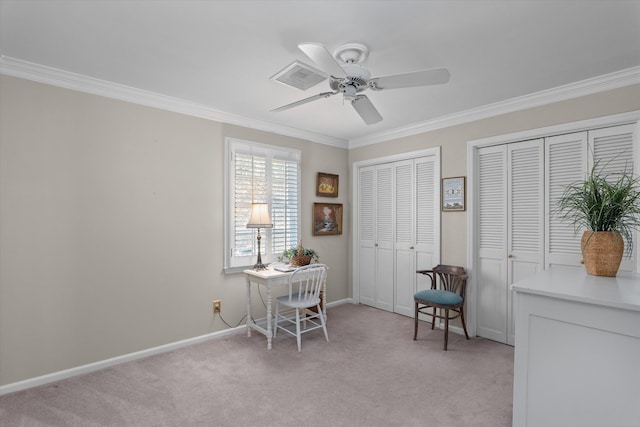 home office with light colored carpet, crown molding, and baseboards