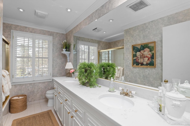 full bath featuring visible vents, wallpapered walls, a tile shower, a sink, and tile patterned floors