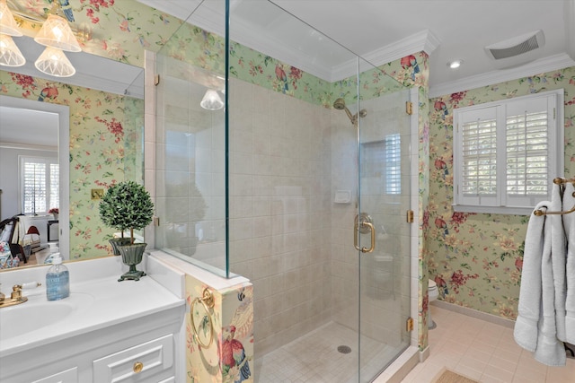 bathroom with visible vents, a stall shower, crown molding, wallpapered walls, and vanity