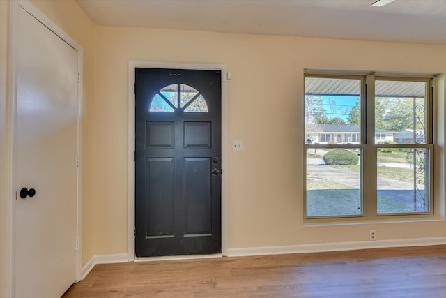 foyer featuring a healthy amount of sunlight, baseboards, and wood finished floors