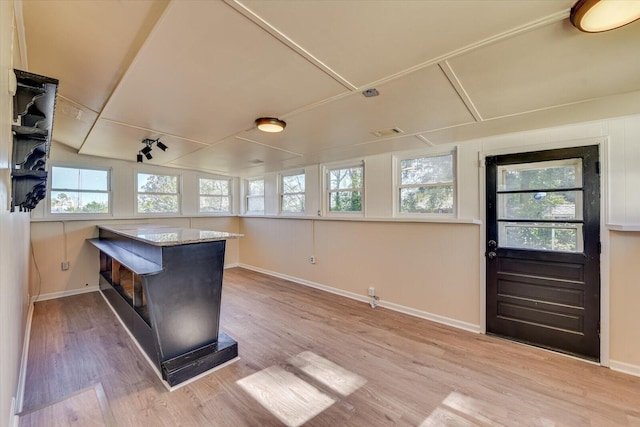 kitchen with a peninsula, plenty of natural light, wood finished floors, and baseboards