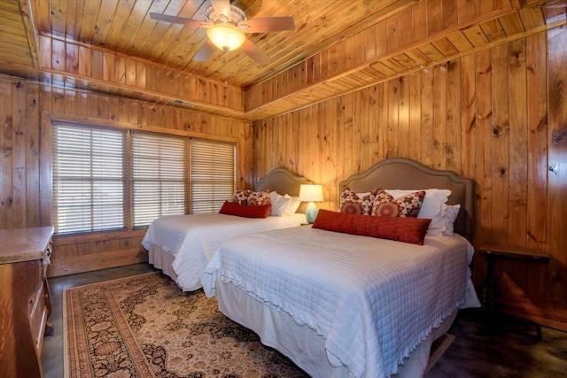 bedroom with a tray ceiling, wood ceiling, wood walls, and ceiling fan