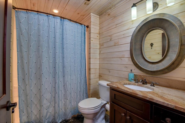 bathroom with toilet, a shower with curtain, wood ceiling, vanity, and wood walls