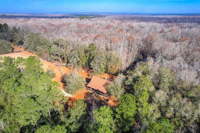 drone / aerial view with a wooded view