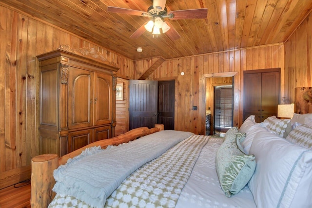 bedroom with wooden ceiling and wood walls