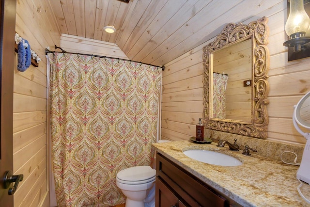 bathroom with wooden ceiling, toilet, wood walls, vanity, and a shower with curtain