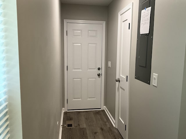 entryway featuring dark hardwood / wood-style flooring and electric panel