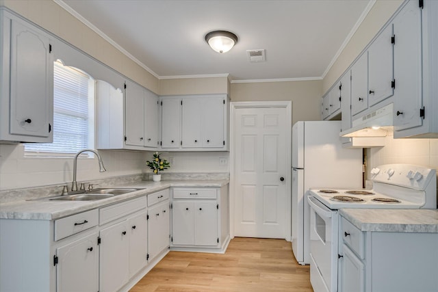 2505 Blackstone St, Augusta, GA 30906 - kitchen featuring white electric range oven, a sink, light wood-type flooring, under cabinet range hood, and visible vents