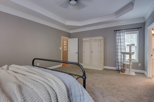 207 Oleander Trl, Evans, GA 30809 - bedroom with light colored carpet, a raised ceiling, crown molding, a ceiling fan, and ensuite bath