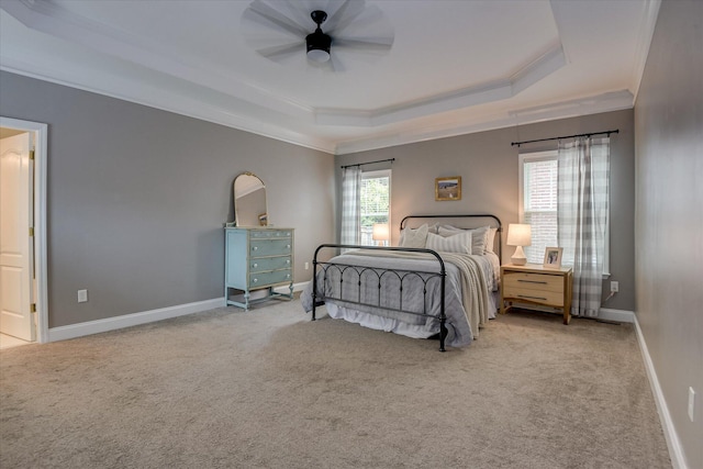 207 Oleander Trl, Evans, GA 30809 - carpeted bedroom with crown molding, a tray ceiling, multiple windows, and a ceiling fan