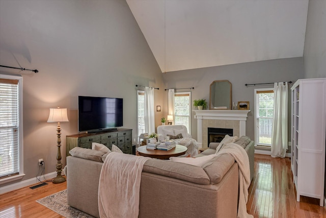 207 Oleander Trl, Evans, GA 30809 - living area with light wood-style flooring, healthy amount of natural light, high vaulted ceiling, and a fireplace