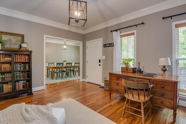 207 Oleander Trl, Evans, GA 30809 - office featuring wood finished floors, crown molding, and a chandelier