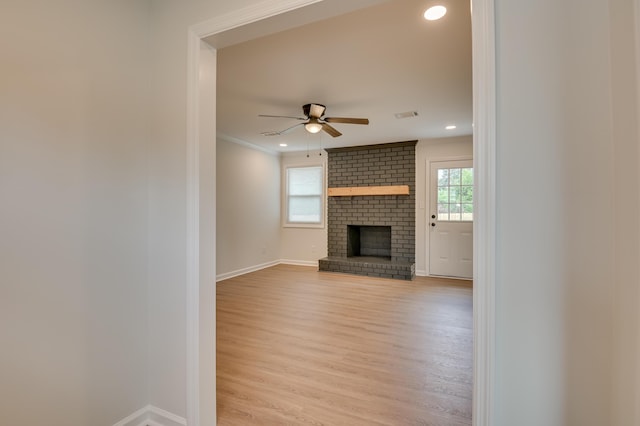 4075 Flintrock Way, Martinez, GA 30907 - unfurnished living room with a ceiling fan, light wood-type flooring, crown molding, a fireplace, and recessed lighting