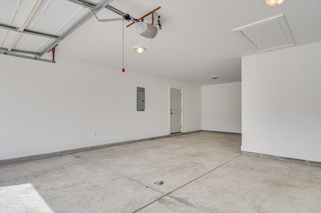 garage featuring electric panel, baseboards, and a garage door opener