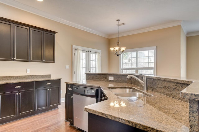 kitchen with light stone counters, stainless steel dishwasher, ornamental molding, a sink, and dark brown cabinets