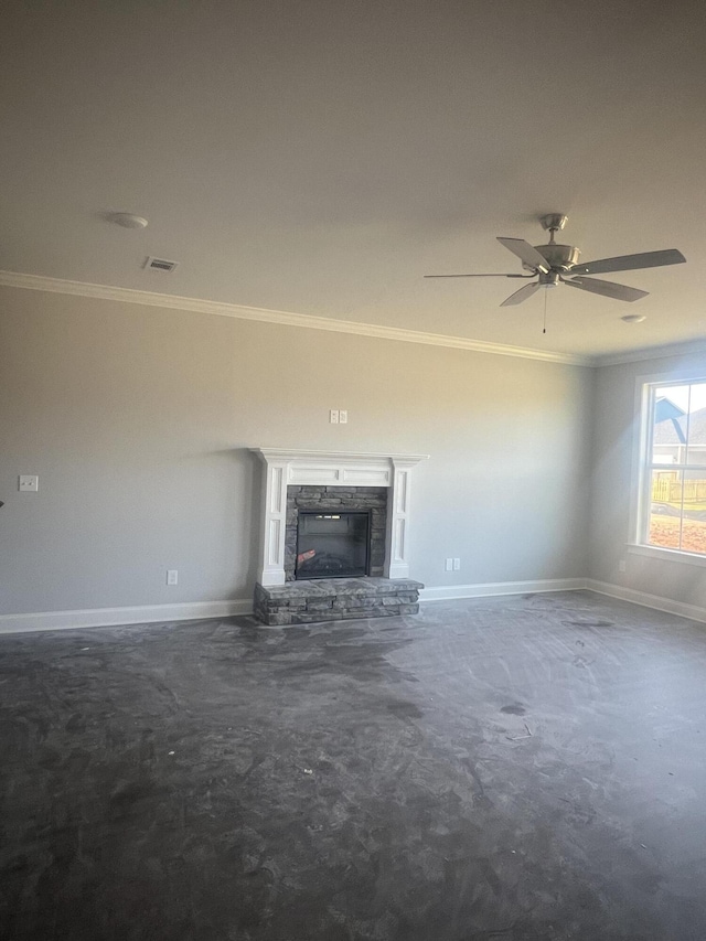 unfurnished living room with baseboards, a fireplace, visible vents, and unfinished concrete floors