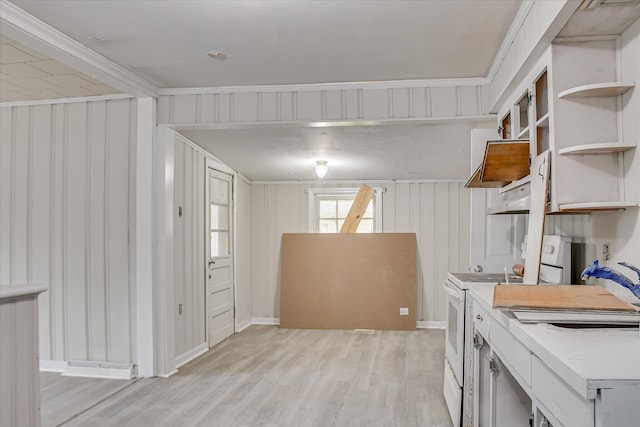 1917 Lazenby Dr, Augusta, GA 30906 - kitchen featuring light wood-style flooring, open shelves, light countertops, white electric range, and a sink